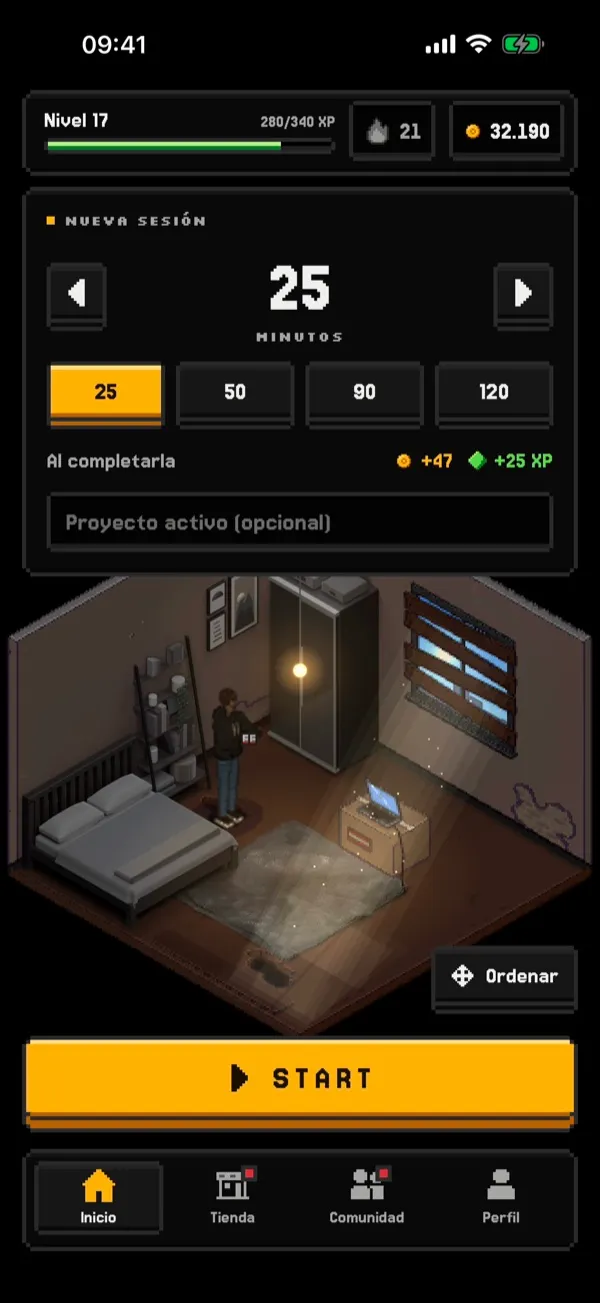 Grinding home screen with the pixel art room